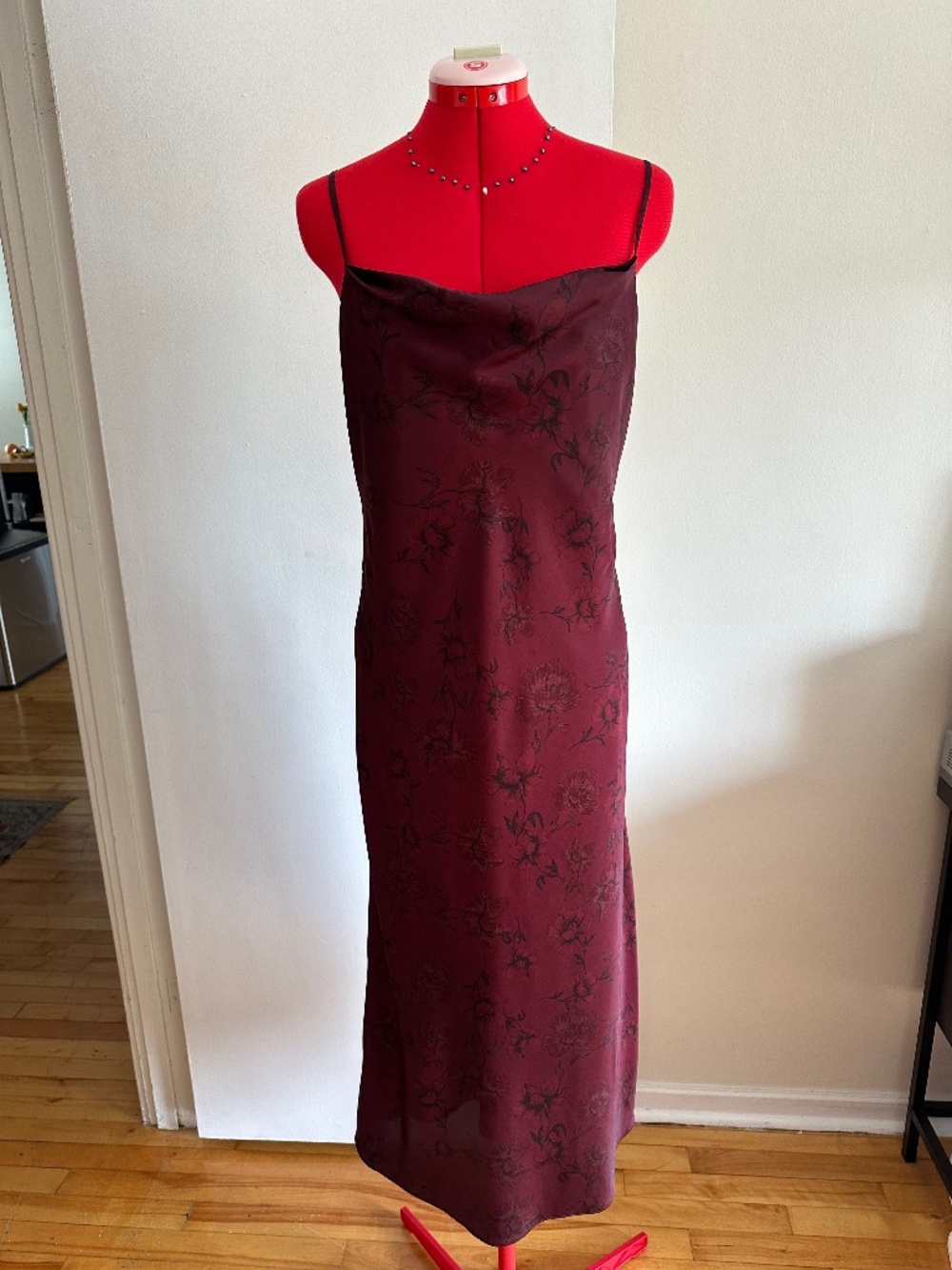 Burgundy satin dress by Calvin Klein